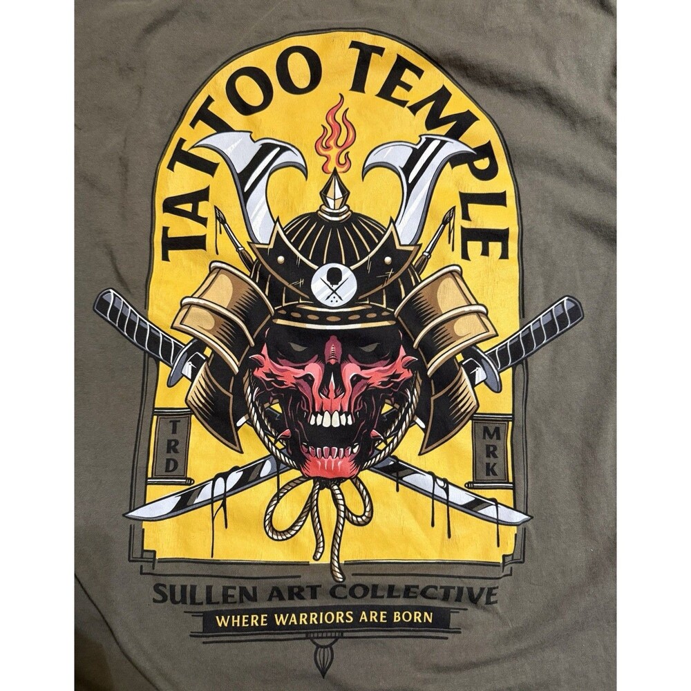 Sullen Art Collective Tattoo Temple T Shirt Mens XL Olive Green Graphic Samurai
